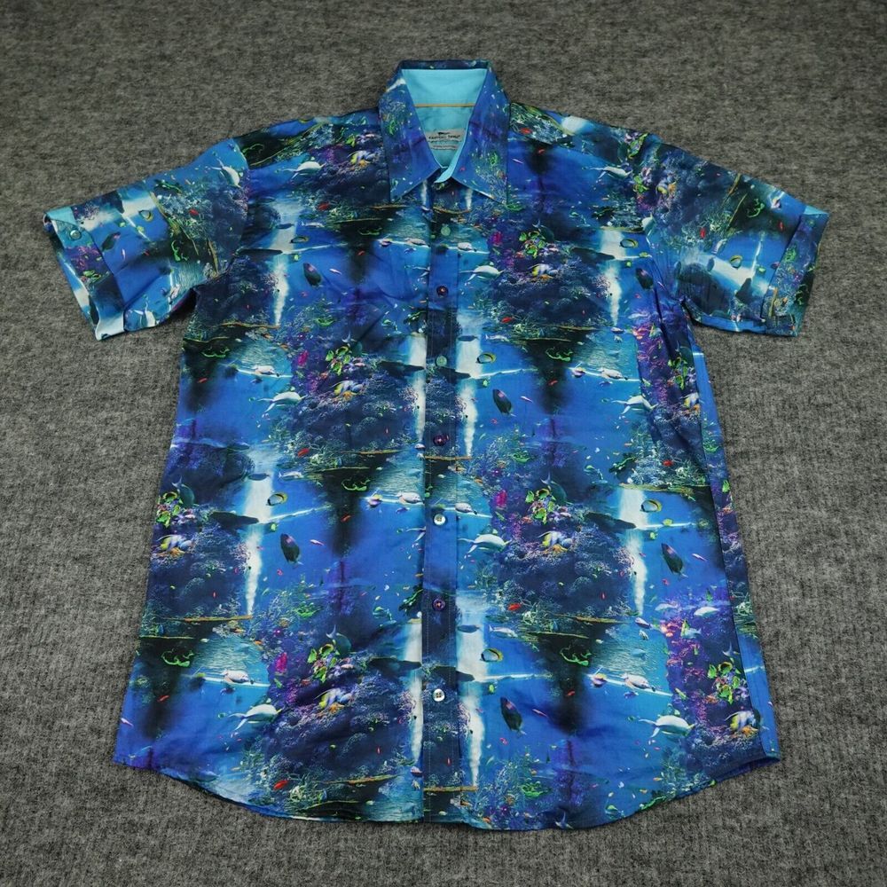 Claudio Lugli Shirt Mens Large (41-42) Blue Underwater Ocean Short Sleeve Casual